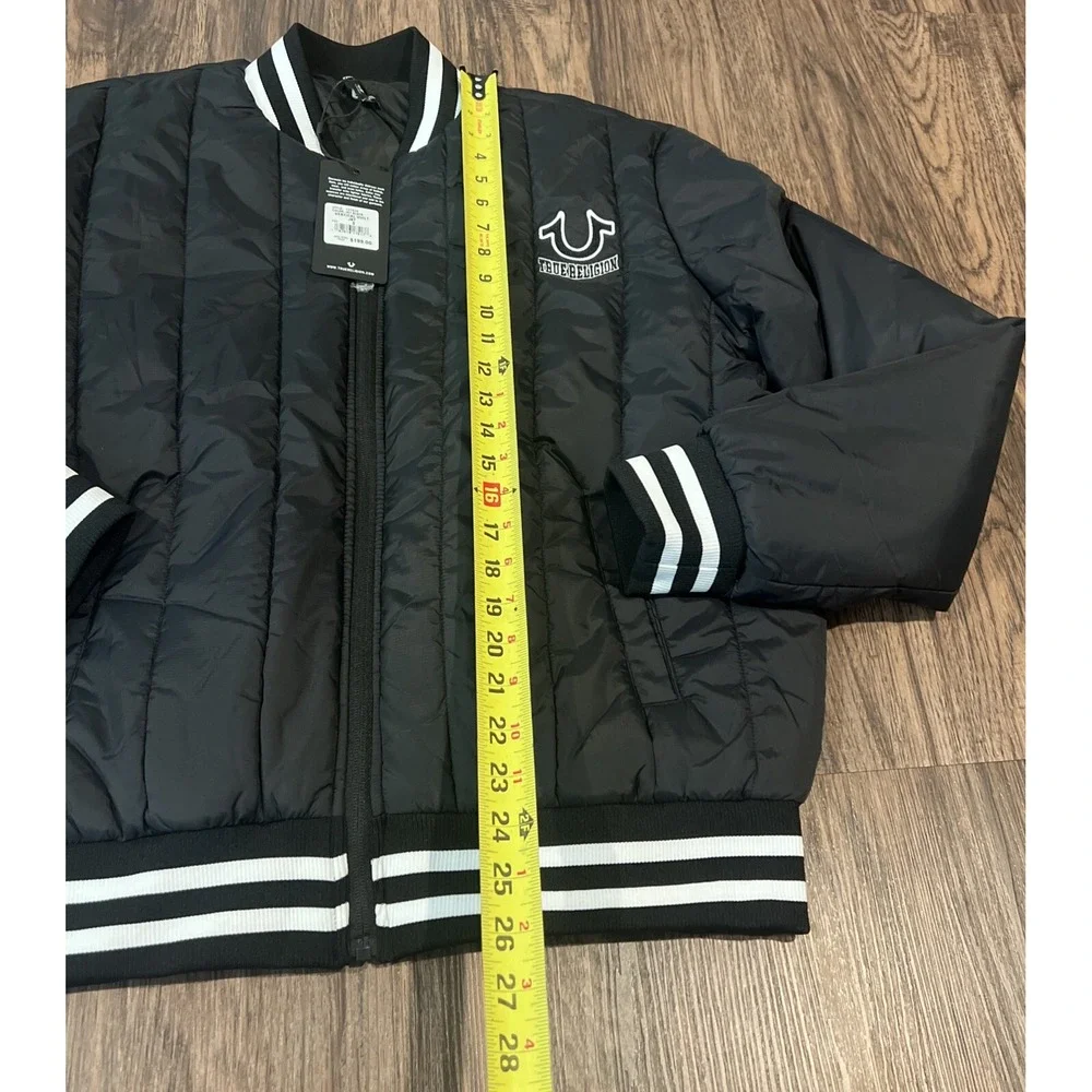 True Religion Jet Black Vertical Quilt Shell Jacket Logo Coat Men's Size S
